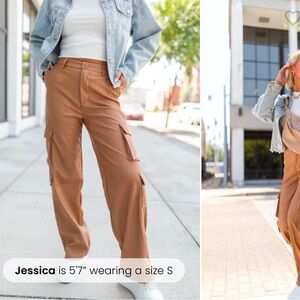 FOLLOW MY LEAD CAMEL FAUX LEATHER CARGO PANTS, PINKLILY